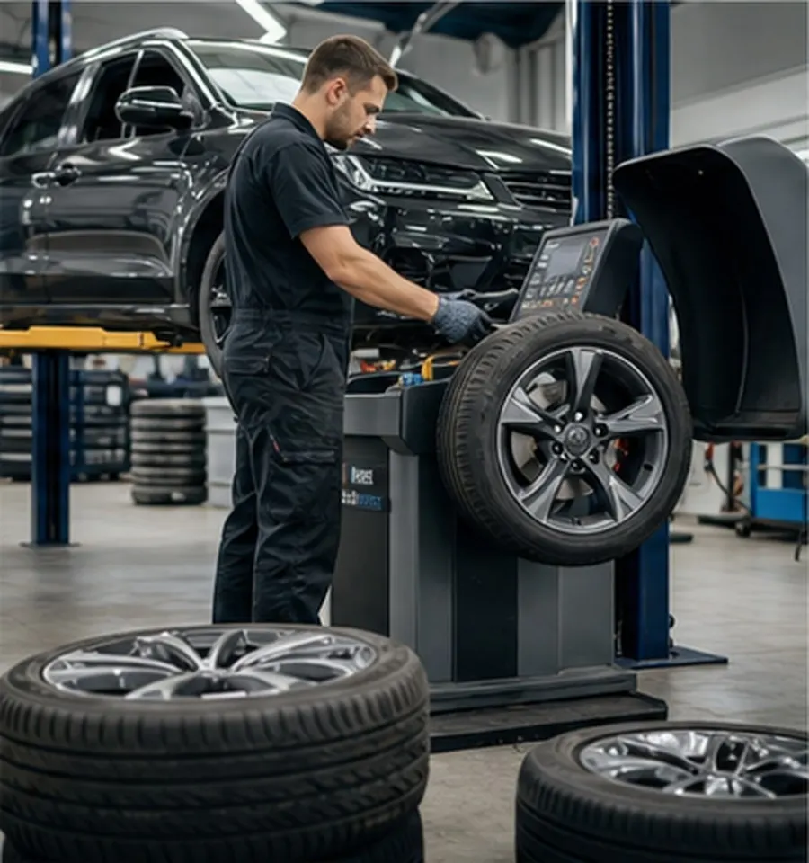 Reifenservice mit Auswuchtmaschine in der Werkstatt